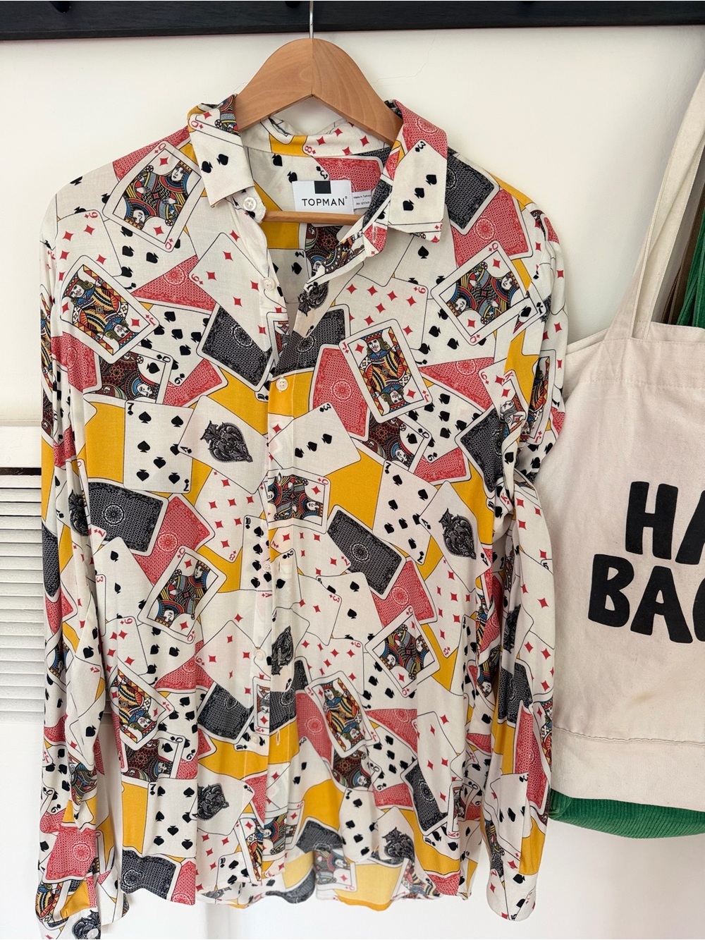 Topman Cream Button-Down Shirt with Yellow, Red & Black Playing Card Print
